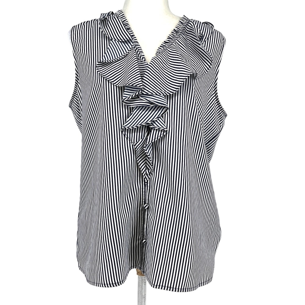 Karl Lagerfeld Paris Women's M Striped Sleeveless Ruffle V Neck Button Up Blouse